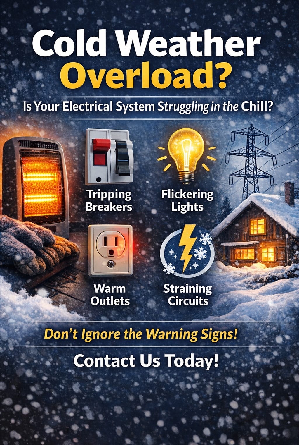 Cold weather strains home electrical systems, causing trips, flickers, and warm outlets. Schedule a safety inspection this winter.