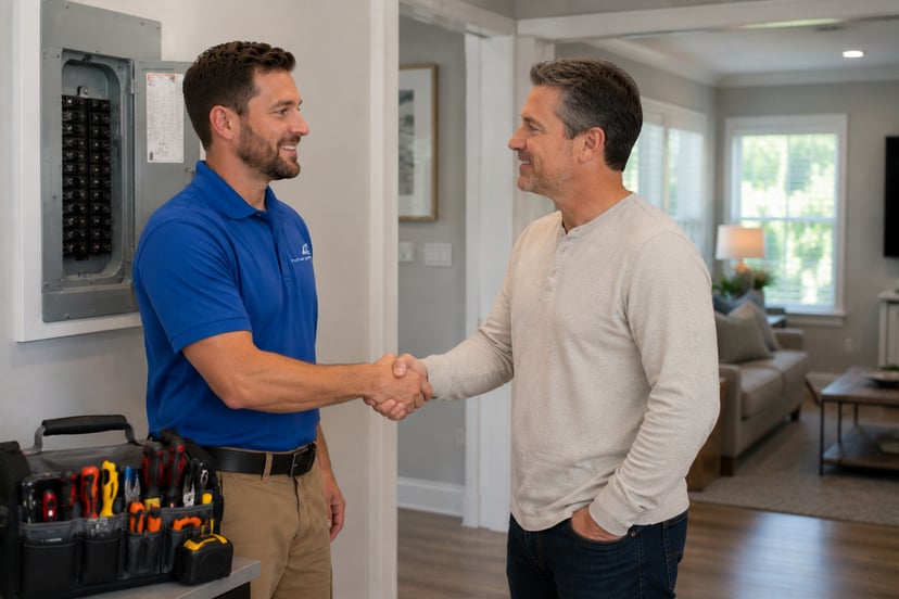 Homeowner shaking hands with electrician so he can begin work