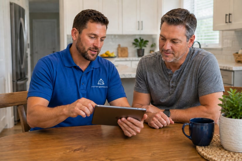 Electrician discussing pricing options with homeowner